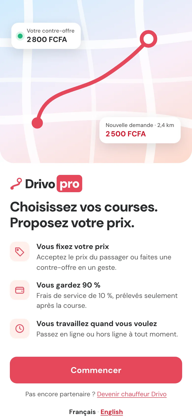 Accueil de Drivo Pro : choisissez vos courses, proposez votre prix, gardez 90 %.