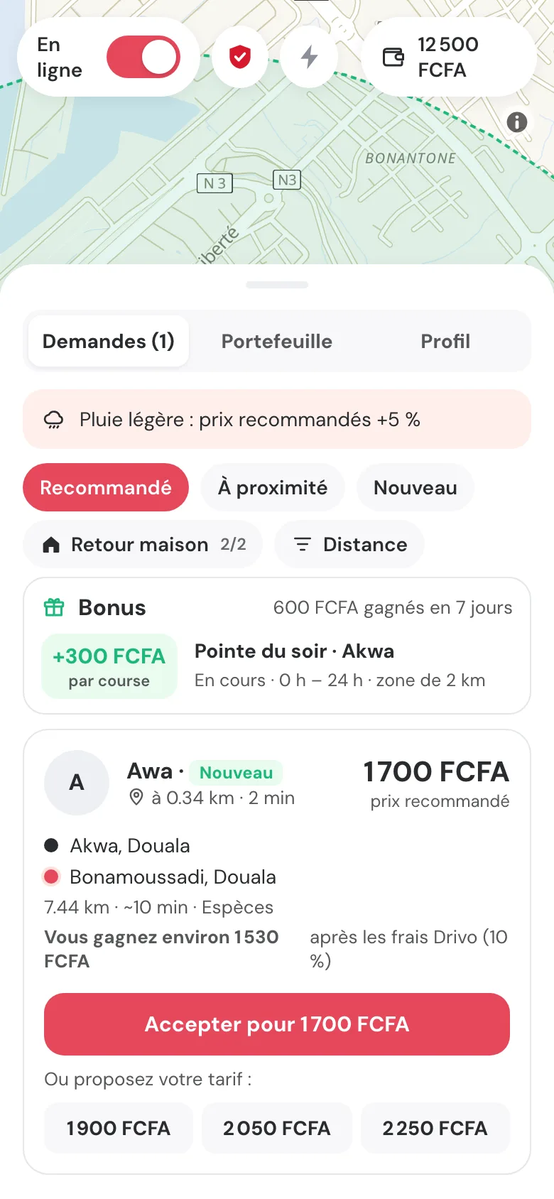 Drivo Pro en ligne : demandes proches avec le prix du passager, acceptation ou contre-offre en un geste.