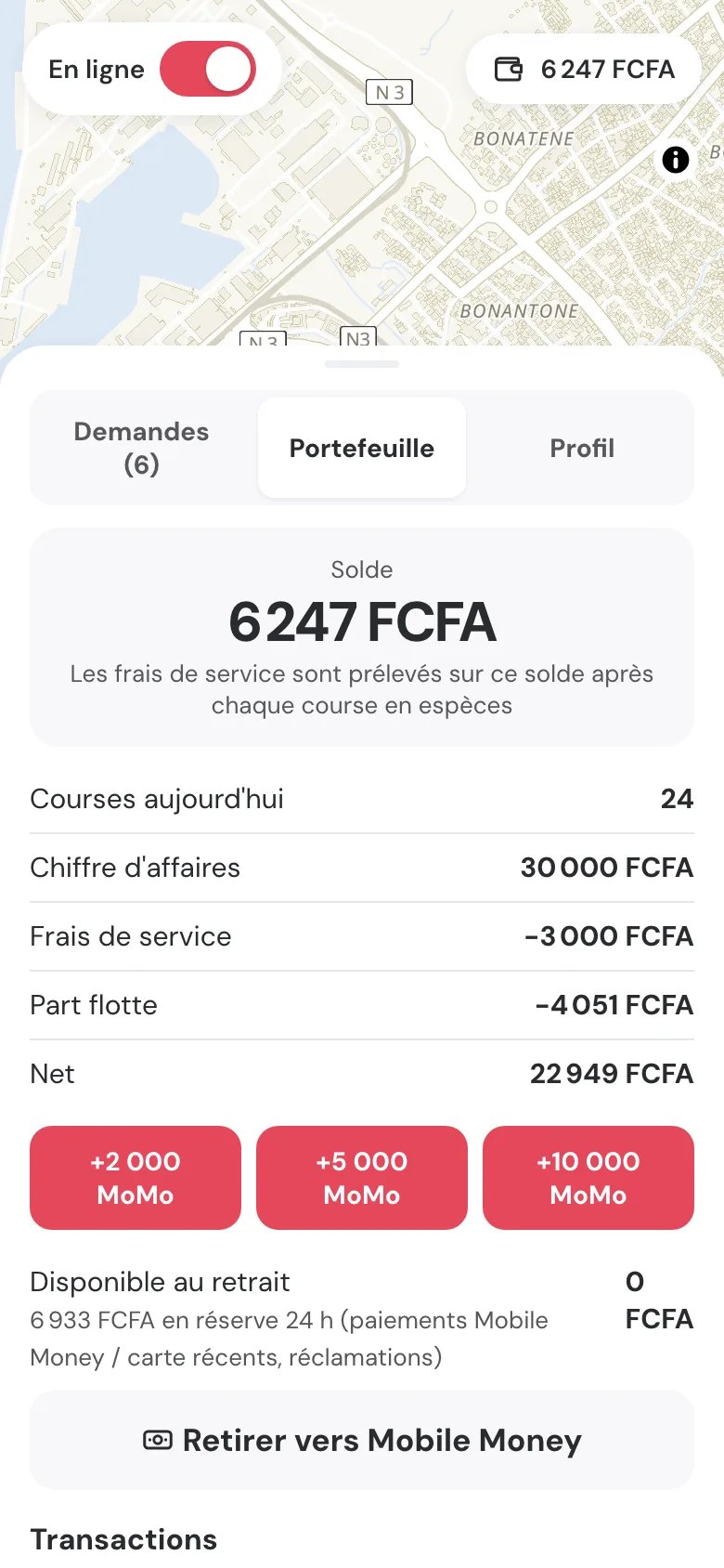 Portefeuille chauffeur : solde, gains, frais de service Drivo et recharge Mobile Money.