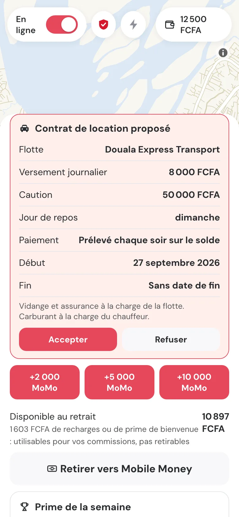 Contrat de location proposé par la flotte : versement journalier, caution, jour de repos, conditions.