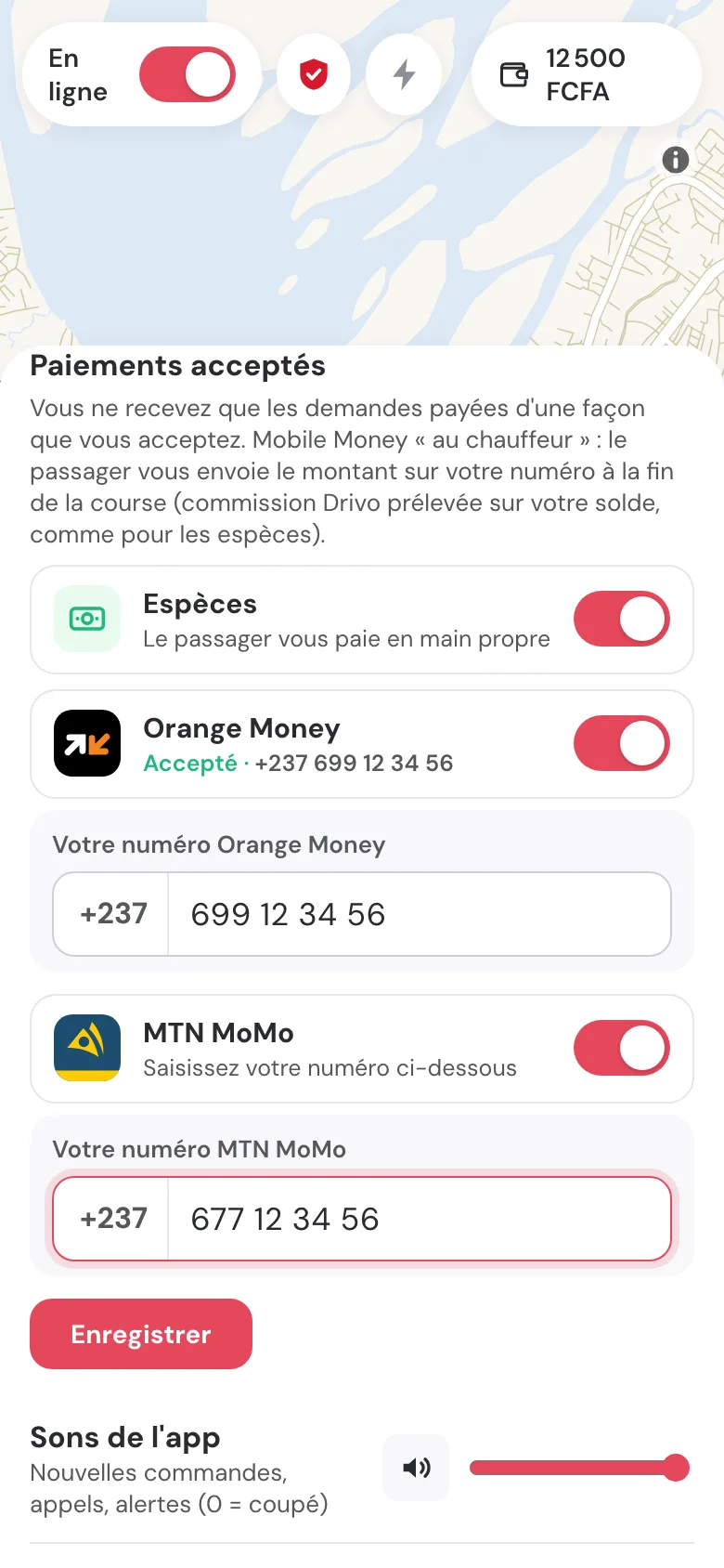 Paiements acceptés : espèces, Orange Money et MTN MoMo avec le numéro du chauffeur.