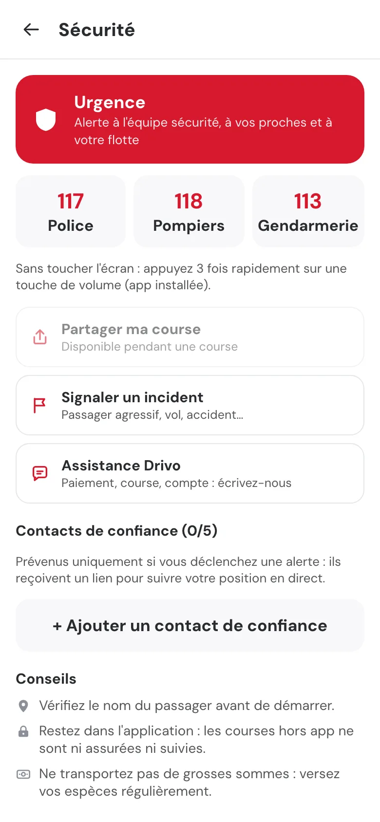 Centre de sécurité de Drivo Pro : bouton Urgence, numéros d'urgence, partage de la course, signalement et assistance.
