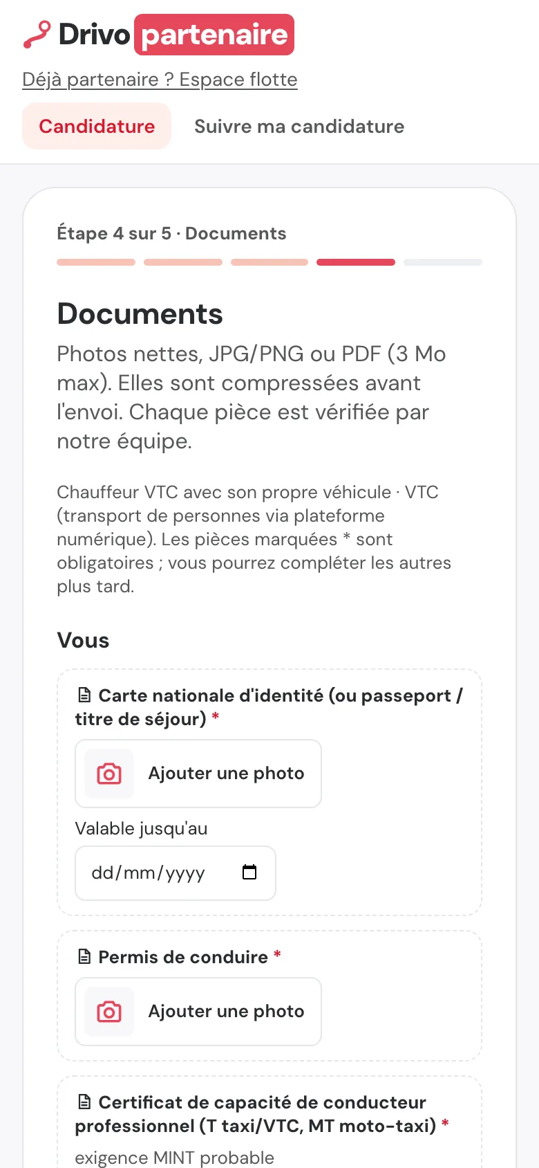 Inscription chauffeur : pièces à déposer (CNI, permis, carte grise, assurance…), vérifiées par l'équipe Drivo.