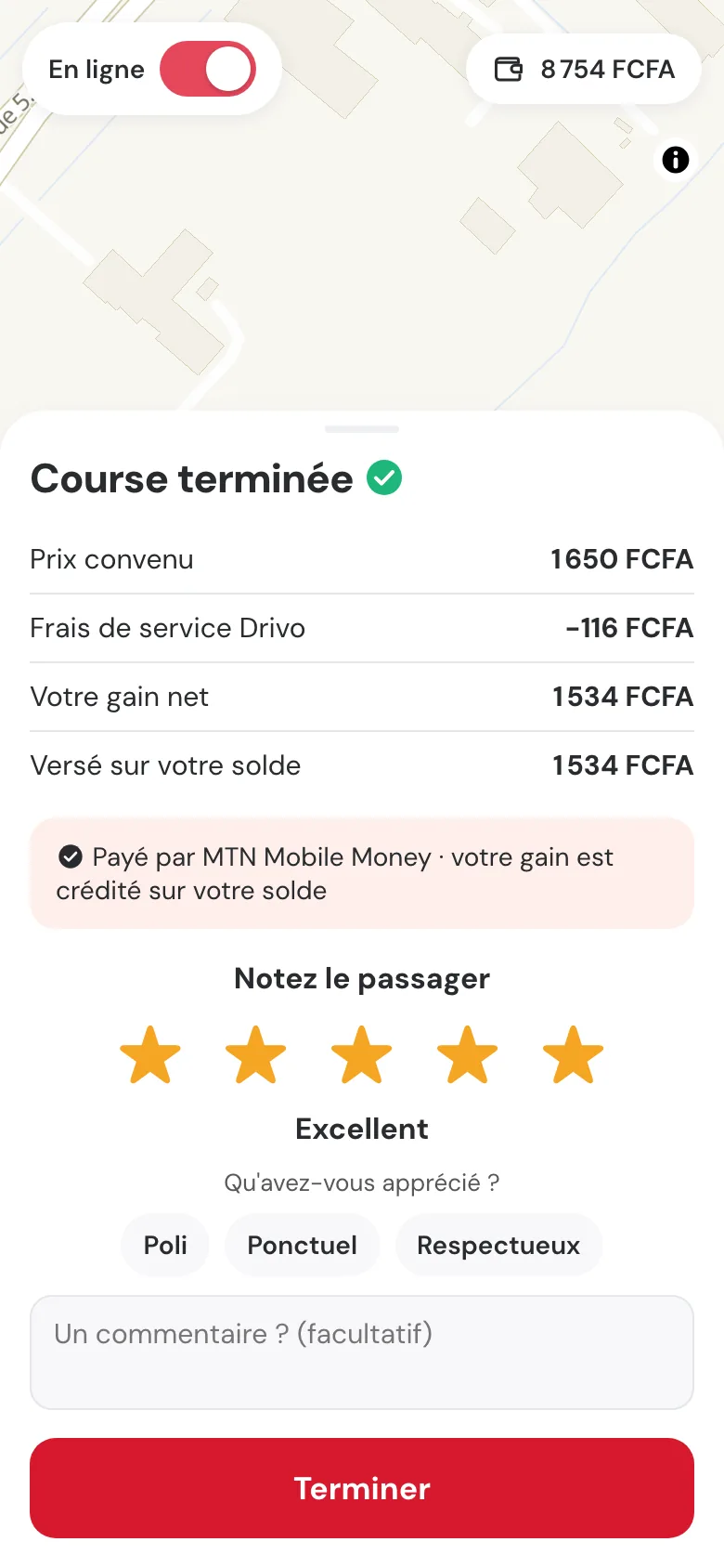 Fin de course côté chauffeur : prix, frais de service Drivo, gain net et paiement du passager.