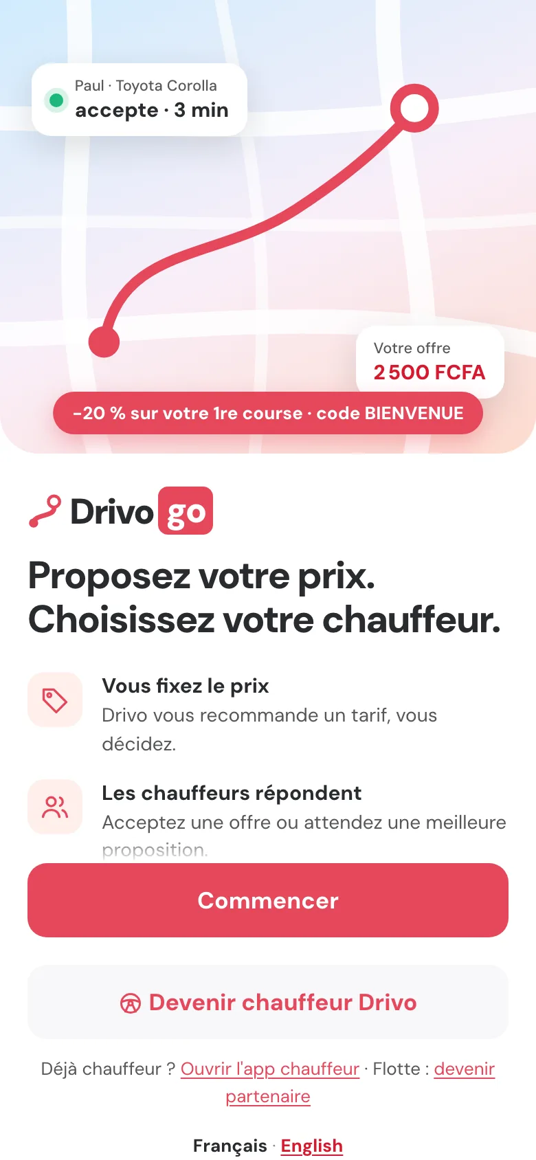 Écran d'accueil de Drivo : proposez votre prix, choisissez votre chauffeur.