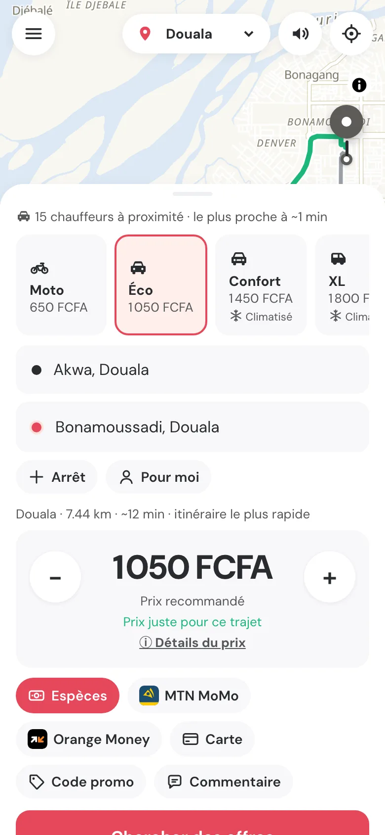 Commande Akwa → Bonamoussadi : prix recommandé en FCFA, catégories et moyens de paiement.