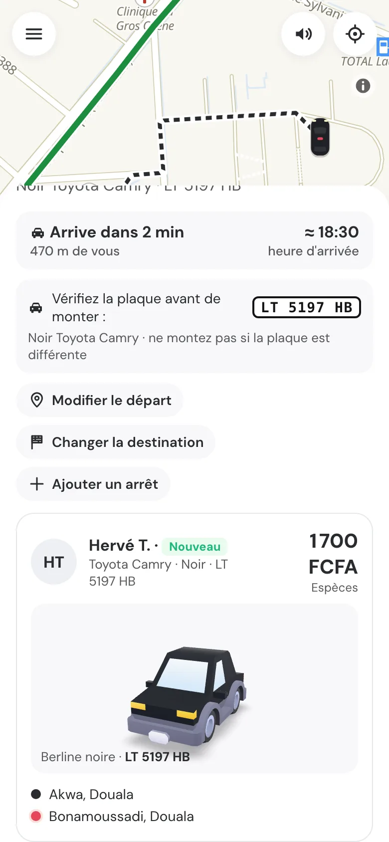 Course en cours : le chauffeur arrive, plaque et véhicule à vérifier, suivi sur la carte.