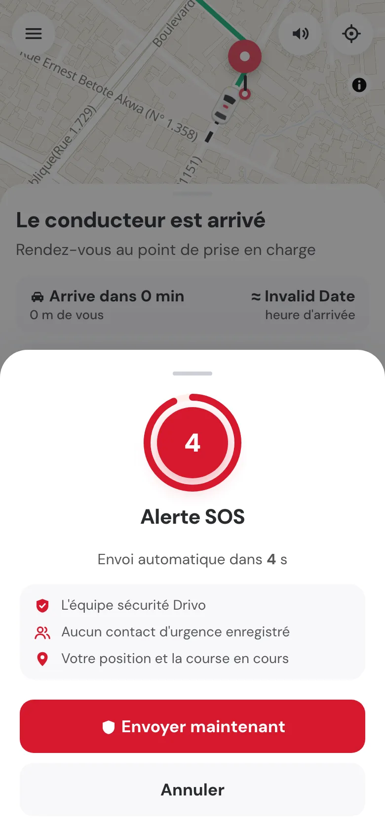 Alerte SOS : compte à rebours annulable, équipe sécurité et contacts d'urgence prévenus.