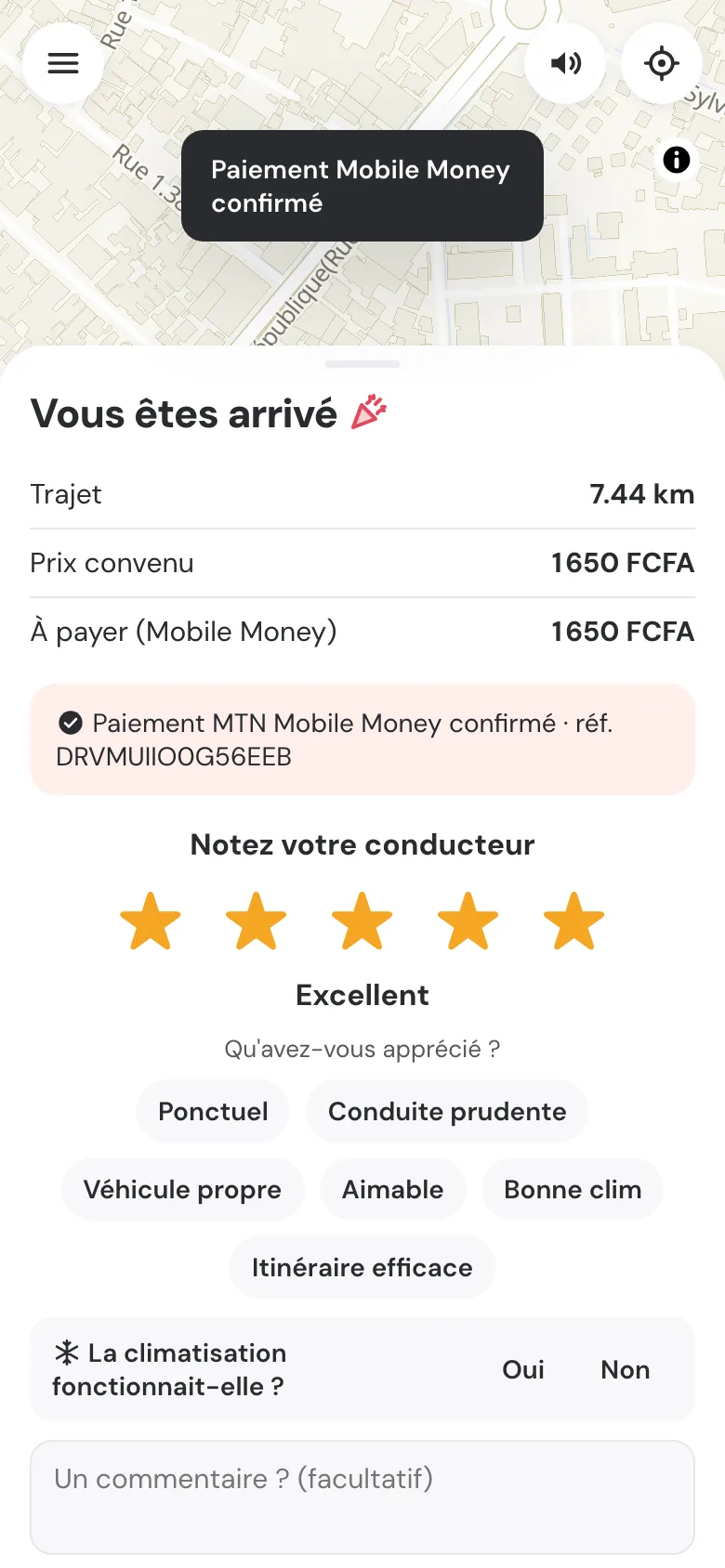 Fin de course : paiement MTN Mobile Money confirmé, reçu disponible.
