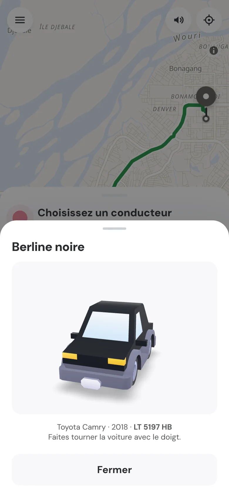 Voiture du chauffeur en 3D, dans sa vraie couleur, avec le modèle, l'année et la plaque.
