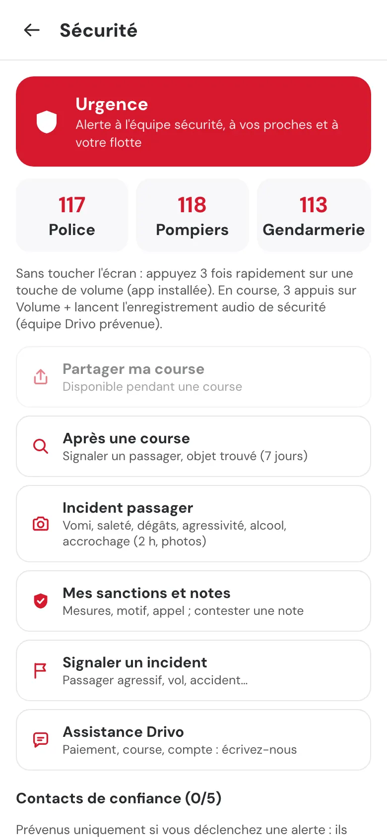 Écran Sécurité de Drivo Pro : grand bouton rouge Urgence, numéros 117, 118 et 113, partager ma course, après une course, incident passager, mes sanctions et notes, signaler un incident, assistance Drivo.