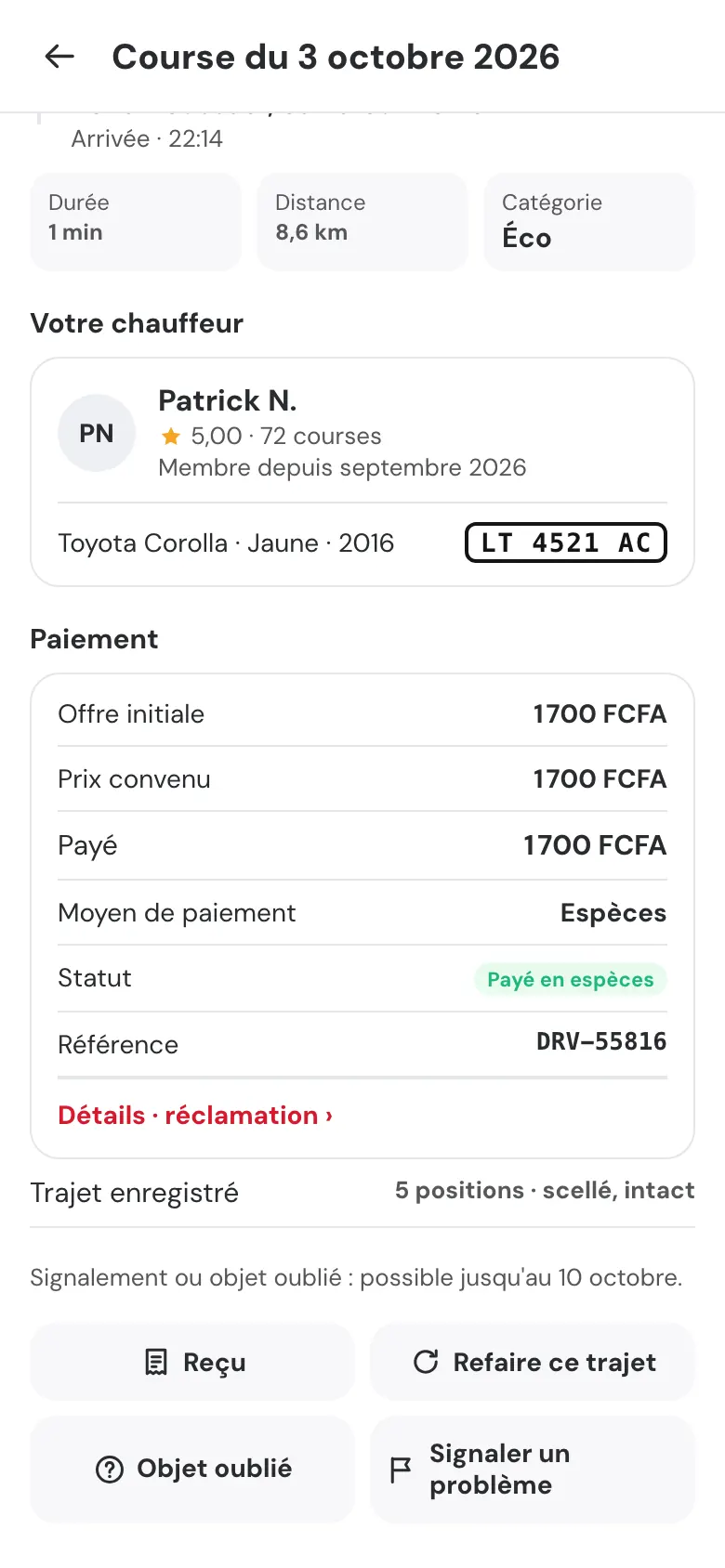 Détail d'une course terminée : chauffeur, plaque, paiement, référence DRV, trajet enregistré scellé, et les boutons Reçu, Refaire ce trajet, Objet oublié et Signaler un problème.