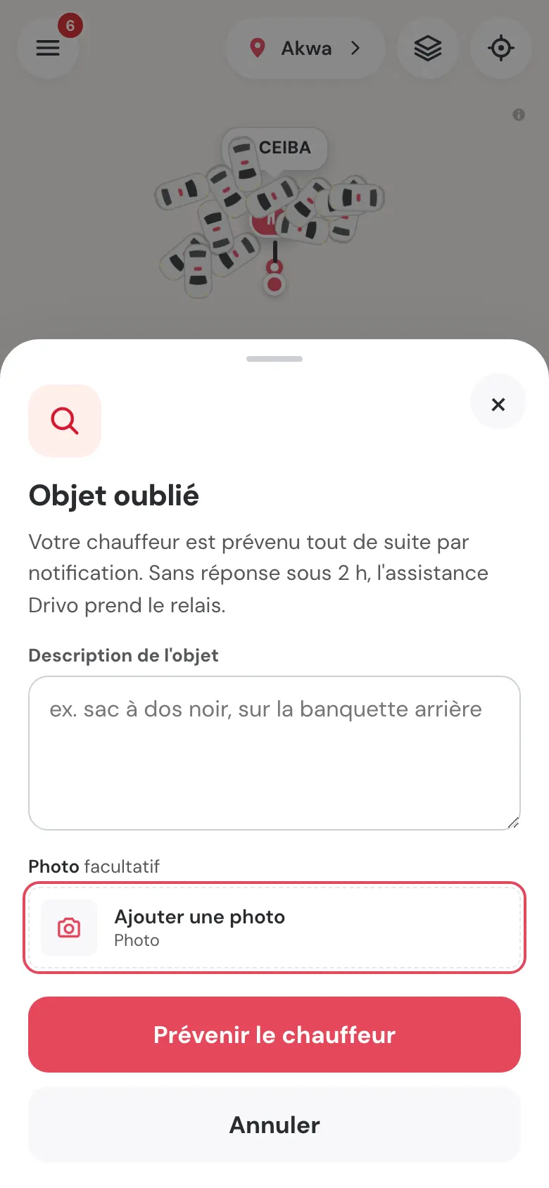 Fenêtre « Objet oublié » : le chauffeur est prévenu tout de suite, sans réponse sous 2 h l'assistance prend le relais ; description, photo facultative, bouton « Prévenir le chauffeur ».