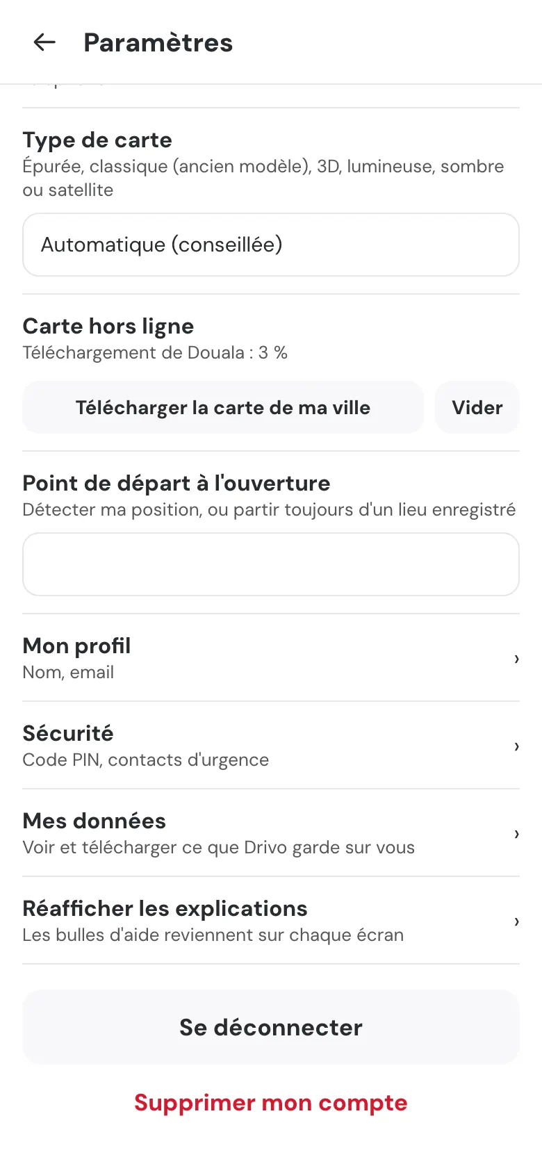Page Paramètres de Drivo : en bas, les boutons « Se déconnecter » et « Supprimer mon compte ».