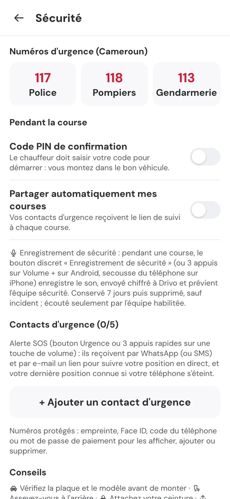 Page Sécurité du menu : numéros d'urgence 117, 118 et 113, code PIN de confirmation, enregistrement de sécurité, contacts d'urgence (0 sur 5) et bouton « Ajouter un contact d'urgence ».