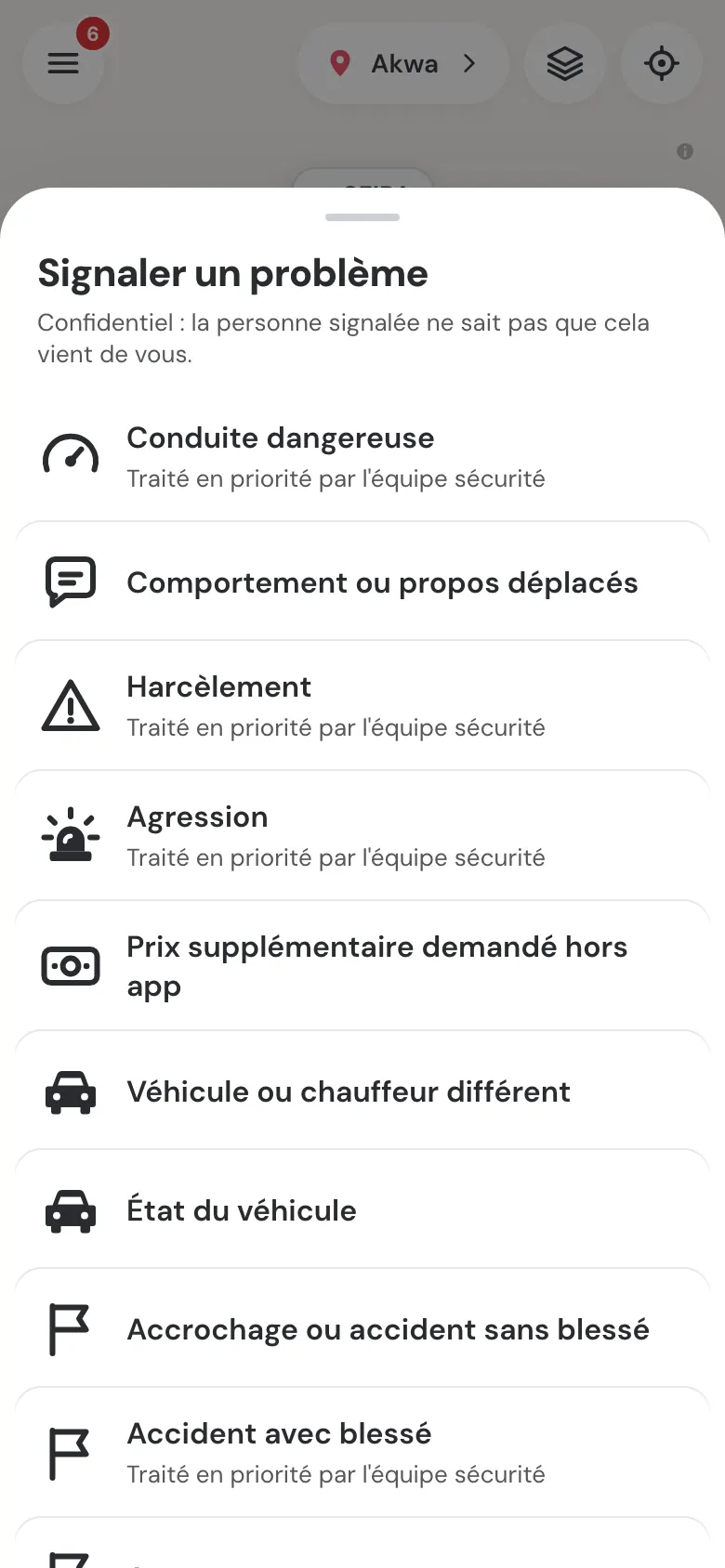 Liste « Signaler un problème » : conduite dangereuse, comportement, harcèlement, agression, prix supplémentaire, véhicule différent, état du véhicule, accrochage, accident avec blessé.