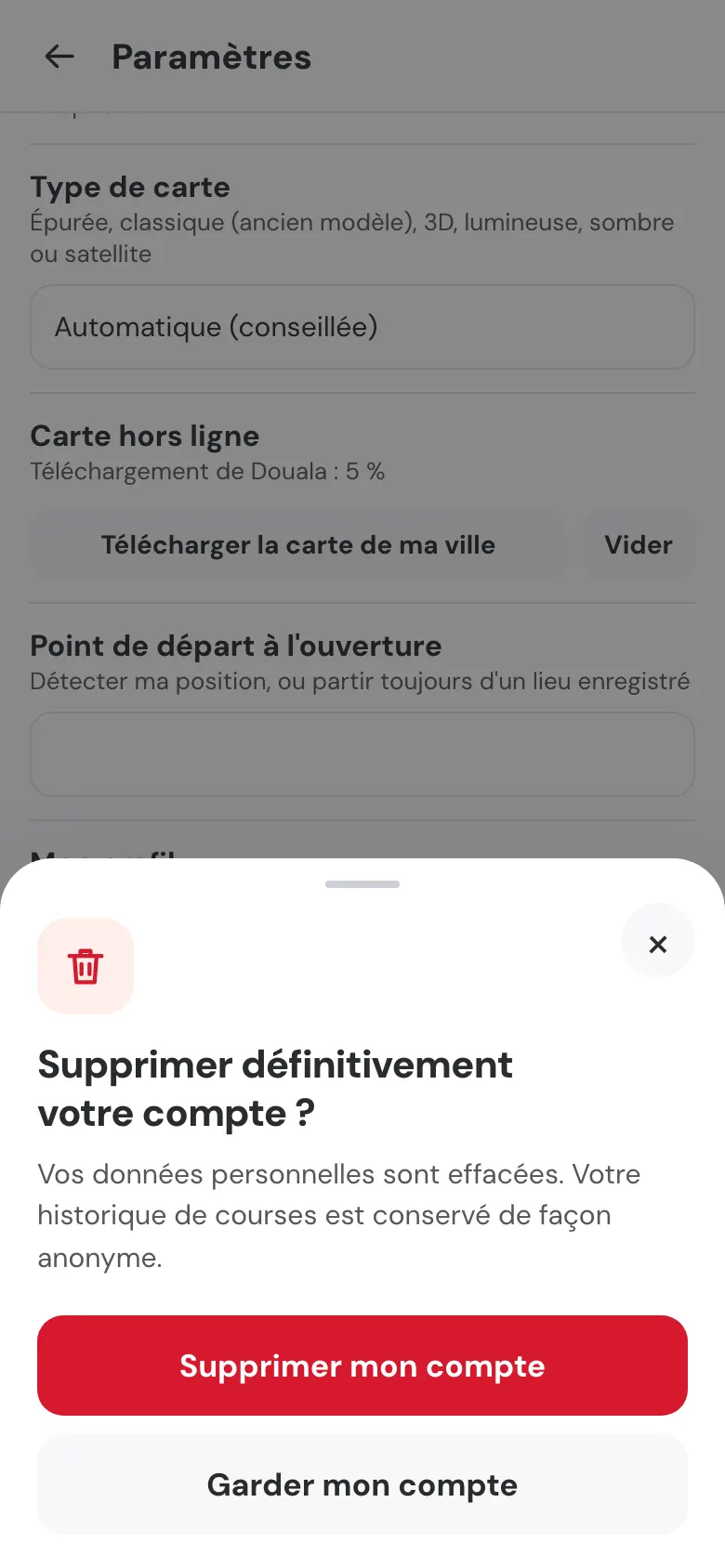 Fenêtre de confirmation : « Supprimer définitivement votre compte ? Vos données personnelles sont effacées. Votre historique de courses est conservé de façon anonyme. »