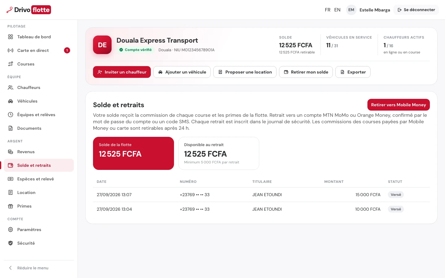 Solde de la flotte et retraits vers Mobile Money.