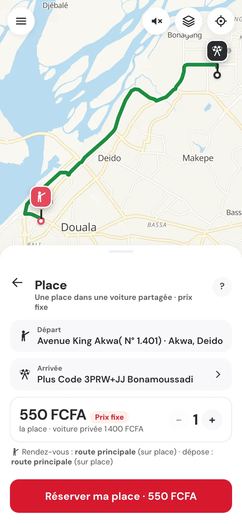 Commande d'une course partagée : prix par place, 2 passagers, point de rendez-vous sur la route principale et billet de 5 000 FCFA indiqué.