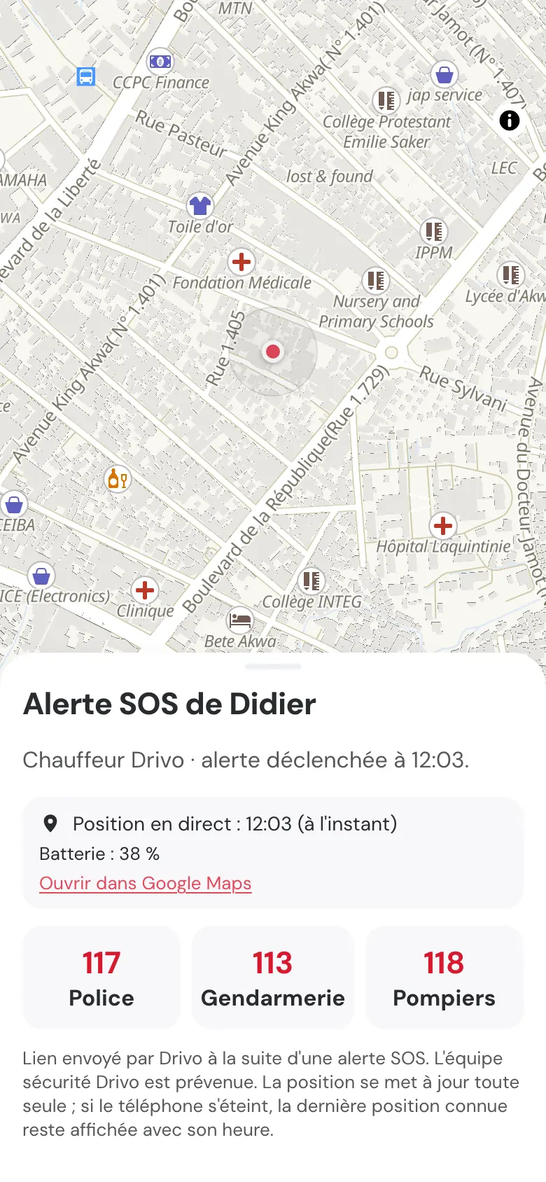Page de suivi reçue par un proche après une alerte SOS : position en direct, batterie, numéros d'urgence 117, 113 et 118.