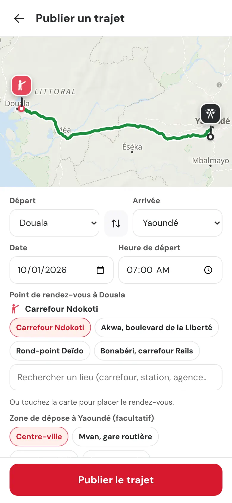 Drivo Pro : publier un trajet Douala → Yaoundé, date, heure de départ et point de rendez-vous au carrefour Ndokoti.